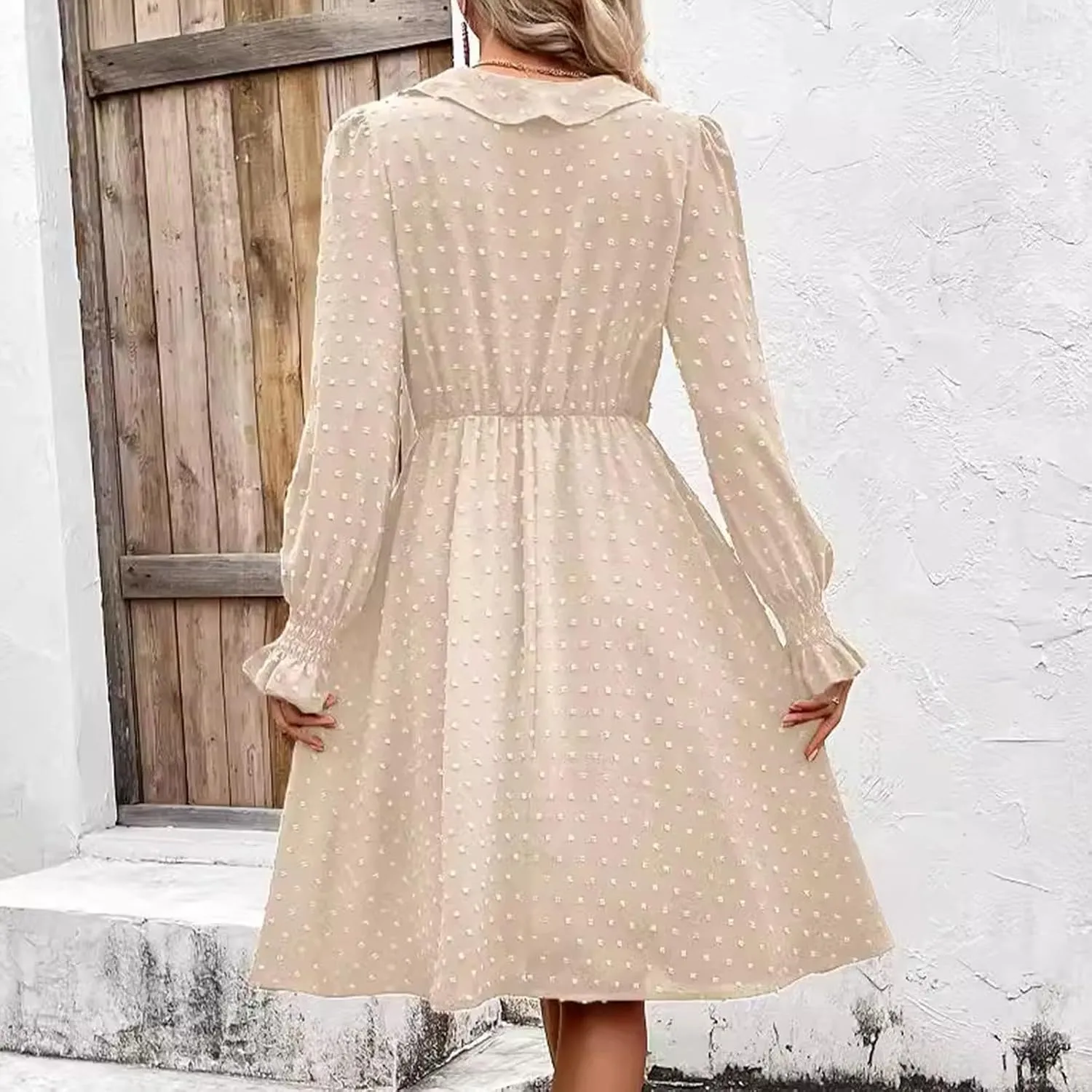 hlysgo Womens Going Out Dresses Casual Loose Fit Long Sleeve V Neck Mini Dress Trendy Swiss Dots A-Line Swing Babydoll Dress
