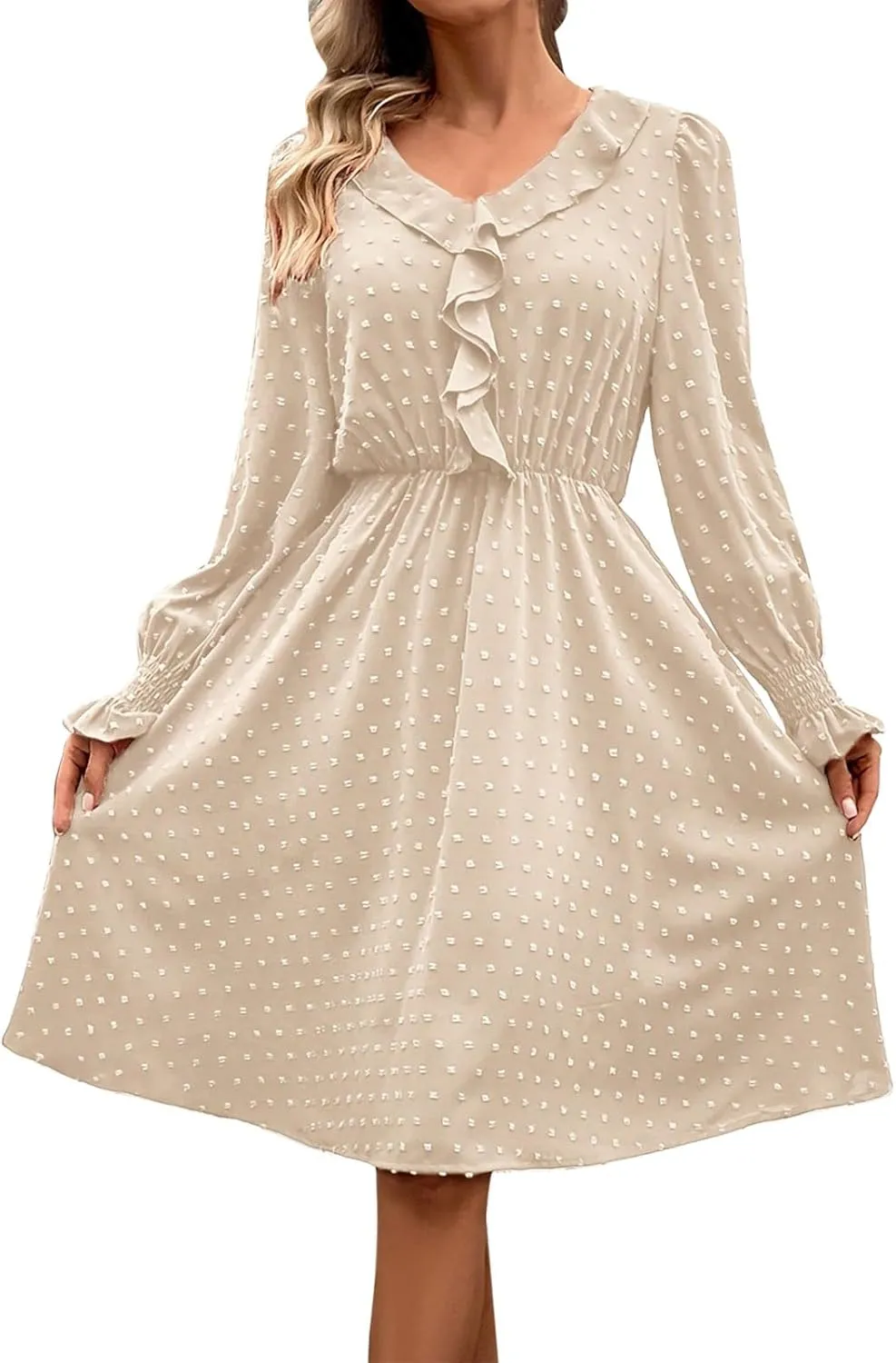 hlysgo Womens Going Out Dresses Casual Loose Fit Long Sleeve V Neck Mini Dress Trendy Swiss Dots A-Line Swing Babydoll Dress