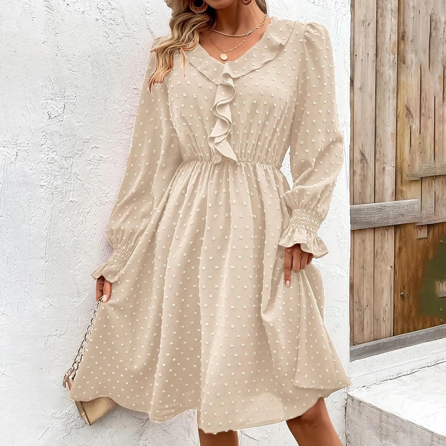 hlysgo Womens Going Out Dresses Casual Loose Fit Long Sleeve V Neck Mini Dress Trendy Swiss Dots A-Line Swing Babydoll Dress