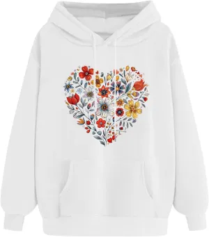Hoodies for Women Long Sleeve Heart Print Graphic Tee Shirts Causal Fashion Drawstring Hooded Sweatshirts Gift Shirts