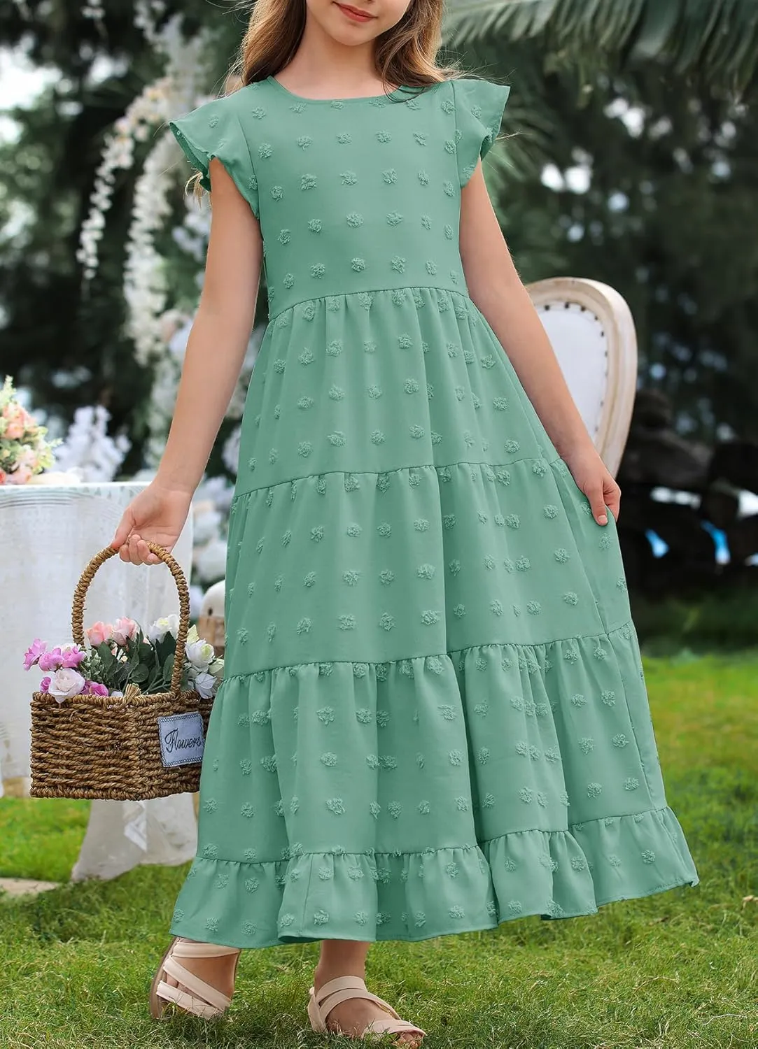HOSIKA Girls Maxi Dress Ruffle Sleeve Swiss Dot A Line Tiered Flowy Casual Party Dresses with Pockets for 6-12 Y