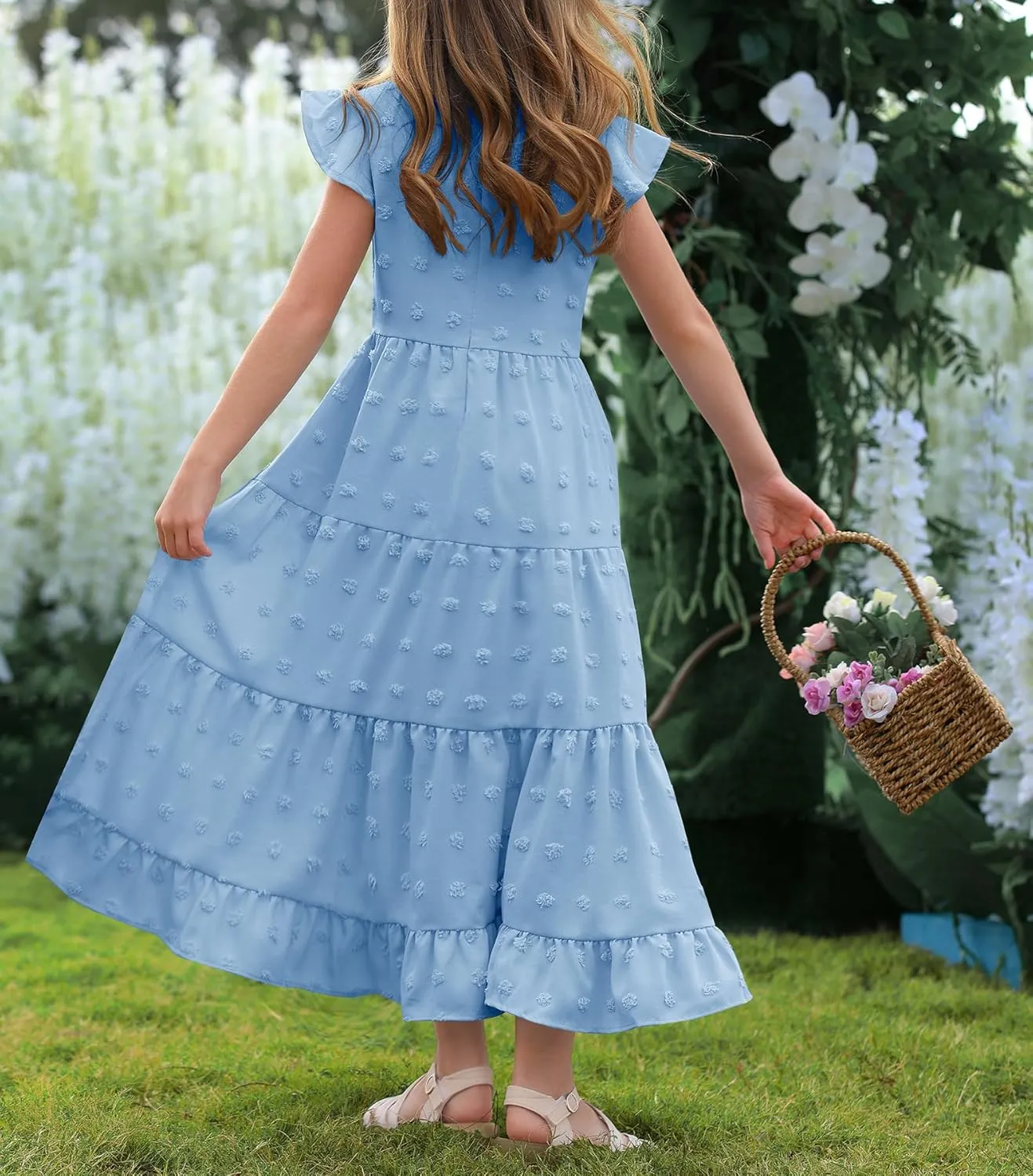 HOSIKA Girls Maxi Dress Ruffle Sleeve Swiss Dot A Line Tiered Flowy Casual Party Dresses with Pockets for 6-12 Y