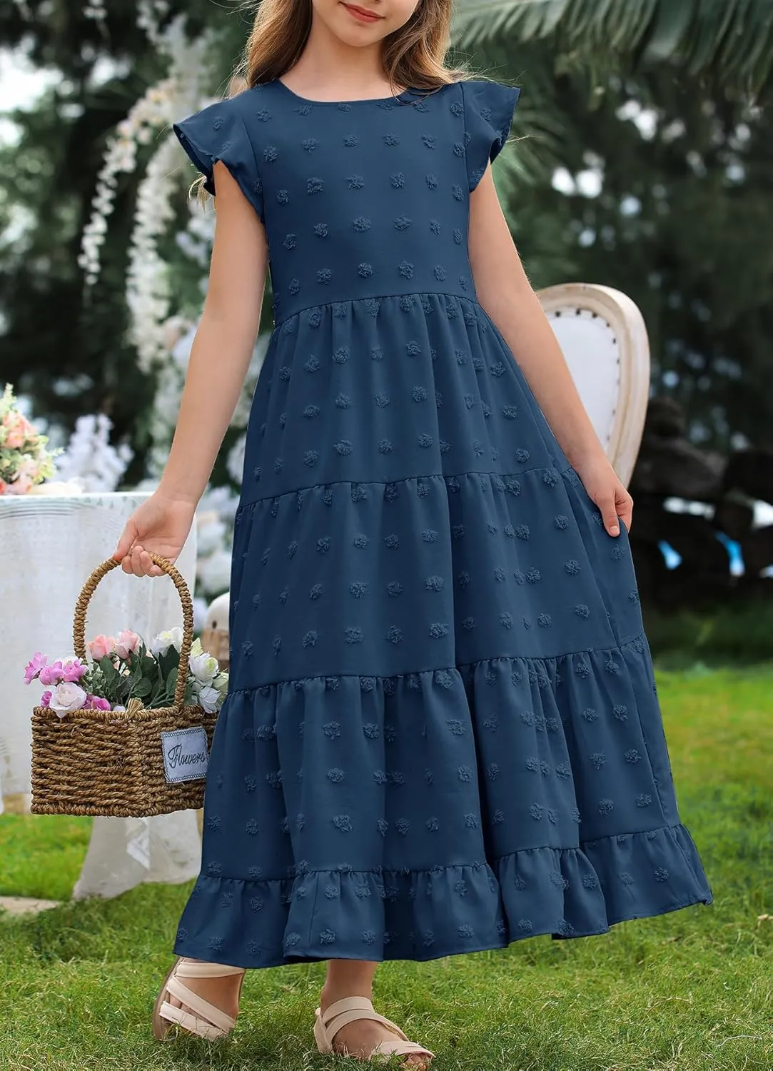 HOSIKA Girls Maxi Dress Ruffle Sleeve Swiss Dot A Line Tiered Flowy Casual Party Dresses with Pockets for 6-12 Y