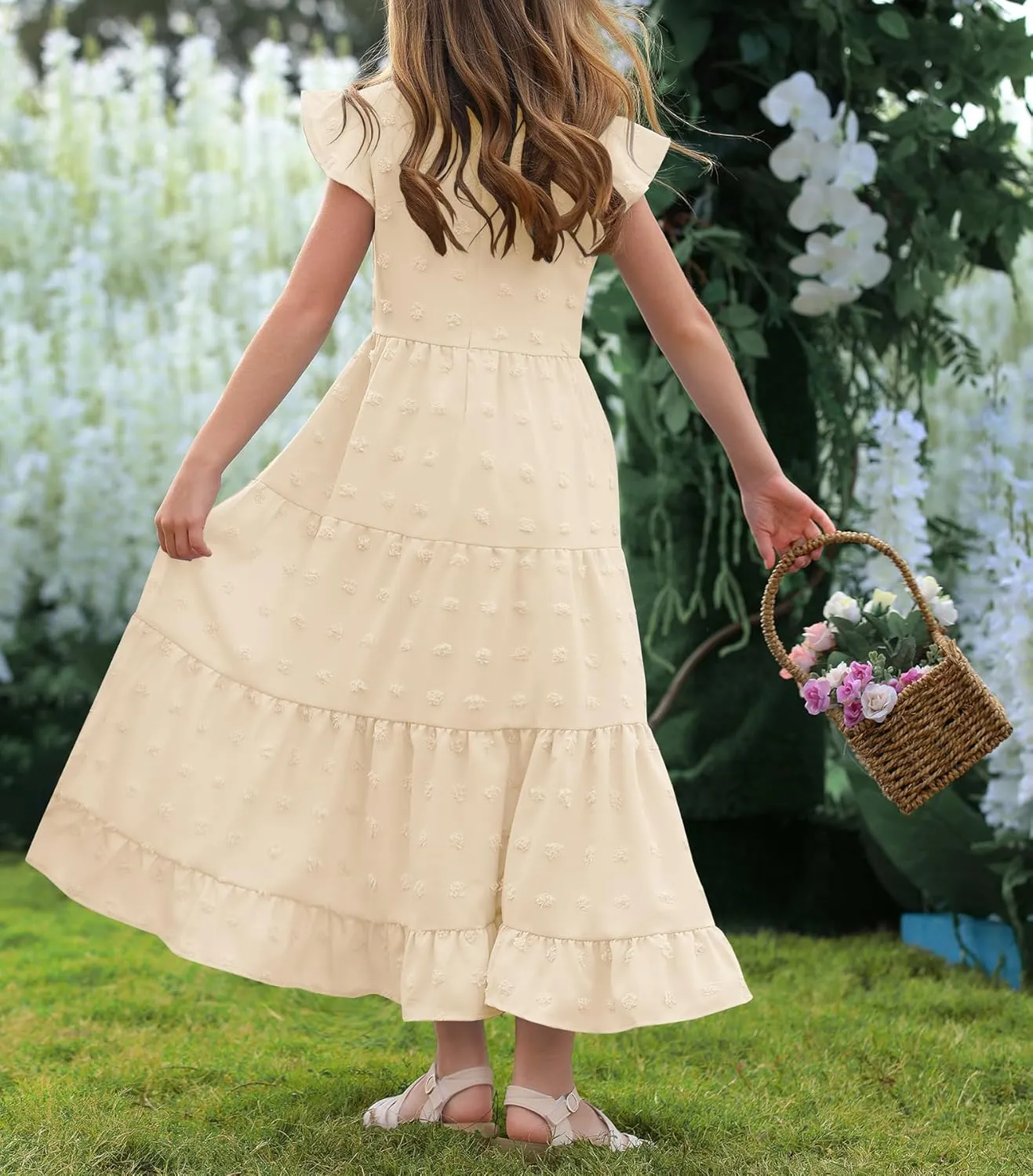 HOSIKA Girls Maxi Dress Ruffle Sleeve Swiss Dot A Line Tiered Flowy Casual Party Dresses with Pockets for 6-12 Y