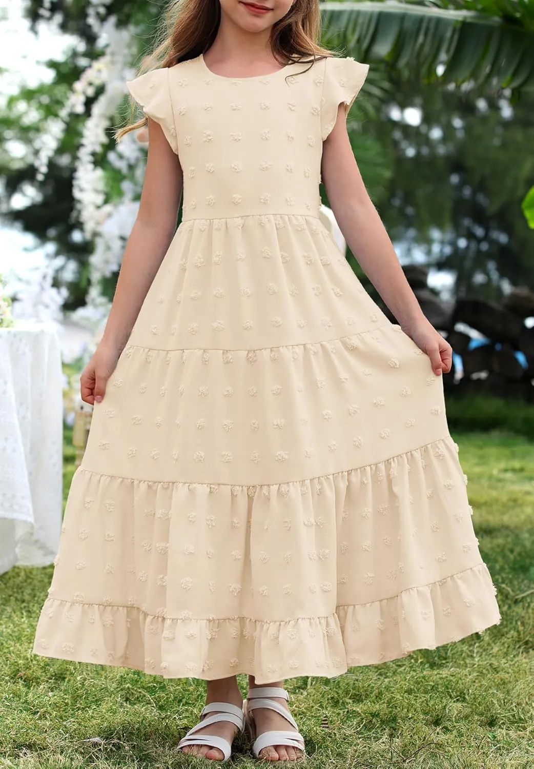HOSIKA Girls Maxi Dress Ruffle Sleeve Swiss Dot A Line Tiered Flowy Casual Party Dresses with Pockets for 6-12 Y