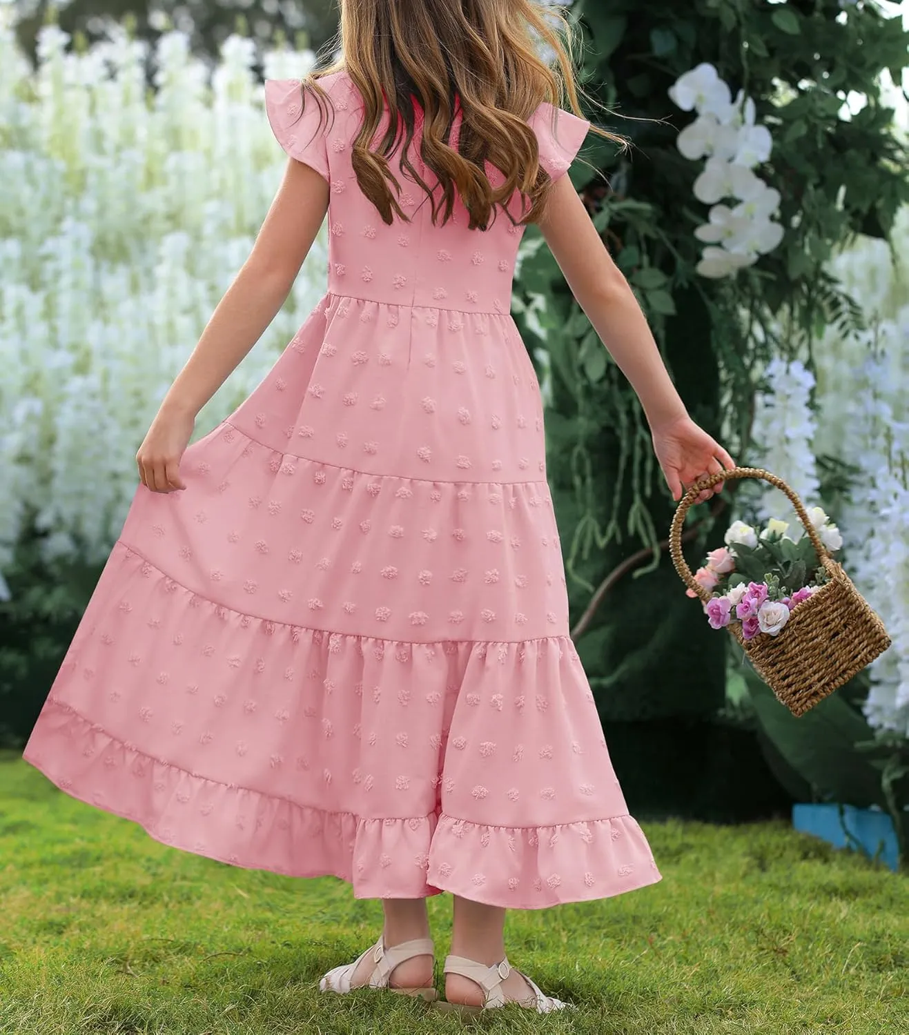 HOSIKA Girls Maxi Dress Ruffle Sleeve Swiss Dot A Line Tiered Flowy Casual Party Dresses with Pockets for 6-12 Y