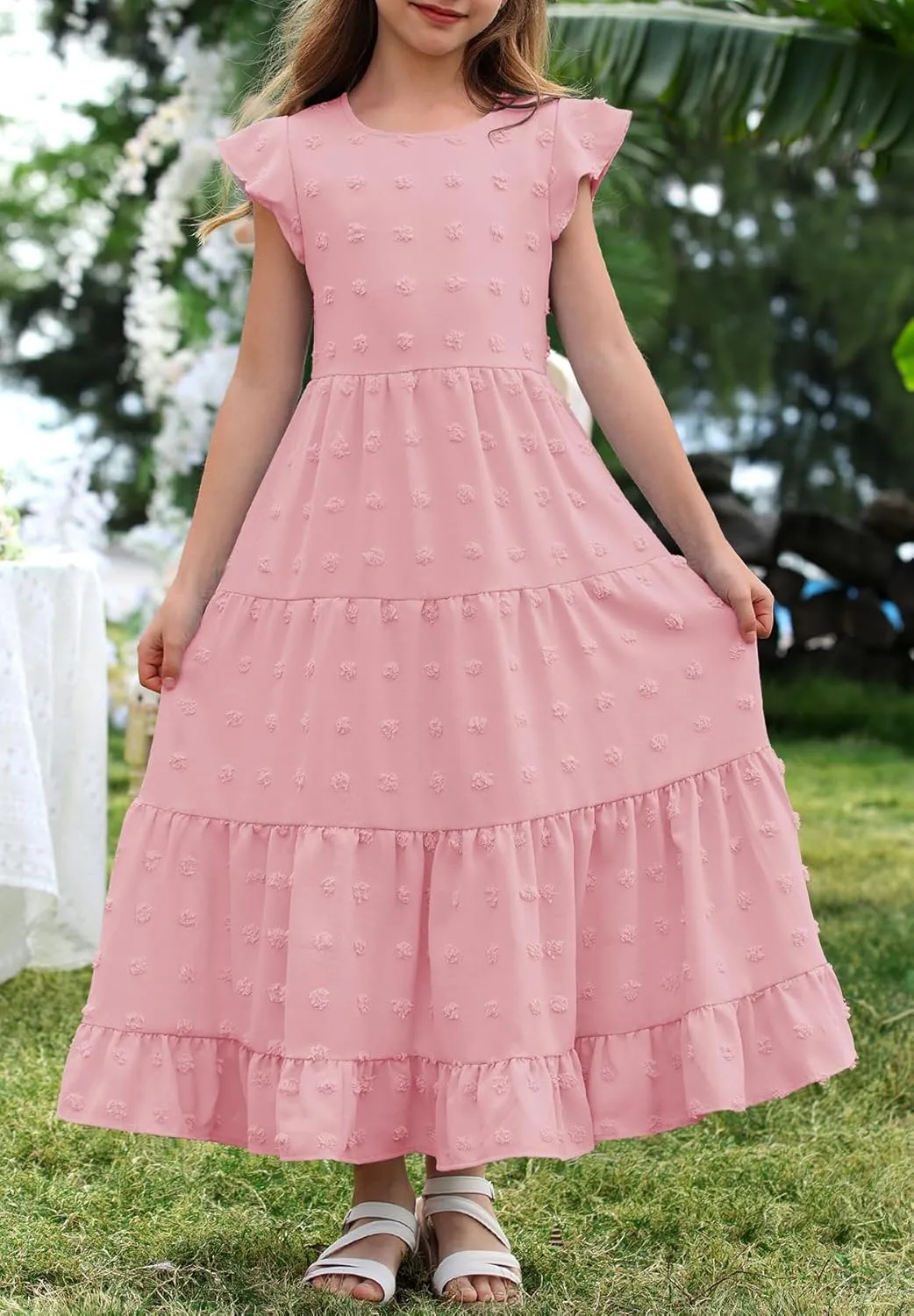 HOSIKA Girls Maxi Dress Ruffle Sleeve Swiss Dot A Line Tiered Flowy Casual Party Dresses with Pockets for 6-12 Y