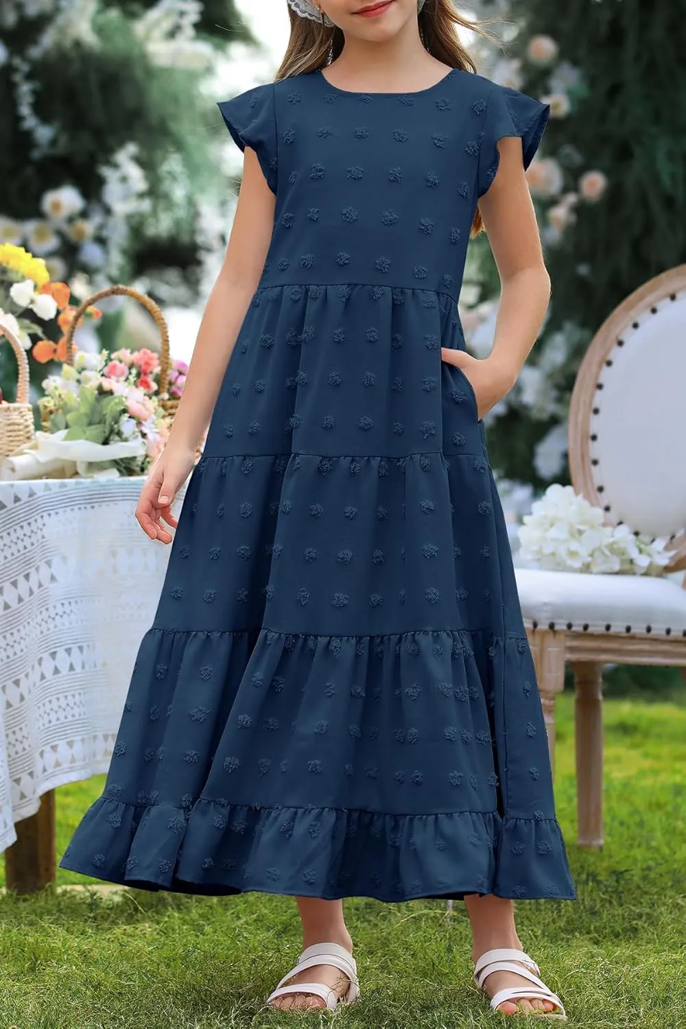 HOSIKA Girls Maxi Dress Ruffle Sleeve Swiss Dot A Line Tiered Flowy Casual Party Dresses with Pockets for 6-12 Y