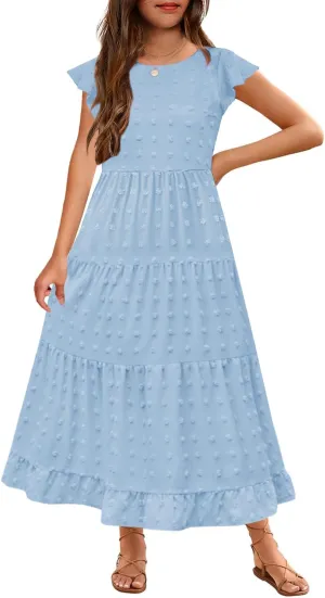 HOSIKA Girls Maxi Dress Ruffle Sleeve Swiss Dot A Line Tiered Flowy Casual Party Dresses with Pockets for 6-12 Y