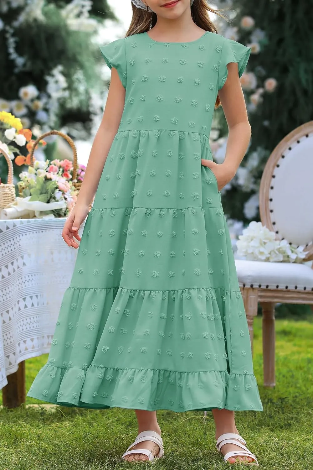 HOSIKA Girls Maxi Dress Ruffle Sleeve Swiss Dot A Line Tiered Flowy Casual Party Dresses with Pockets for 6-12 Y