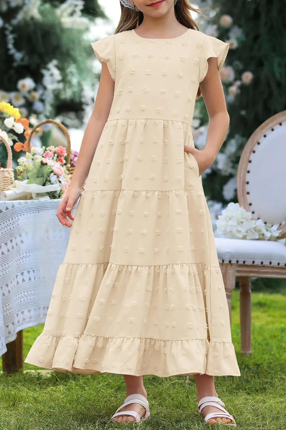 HOSIKA Girls Maxi Dress Ruffle Sleeve Swiss Dot A Line Tiered Flowy Casual Party Dresses with Pockets for 6-12 Y