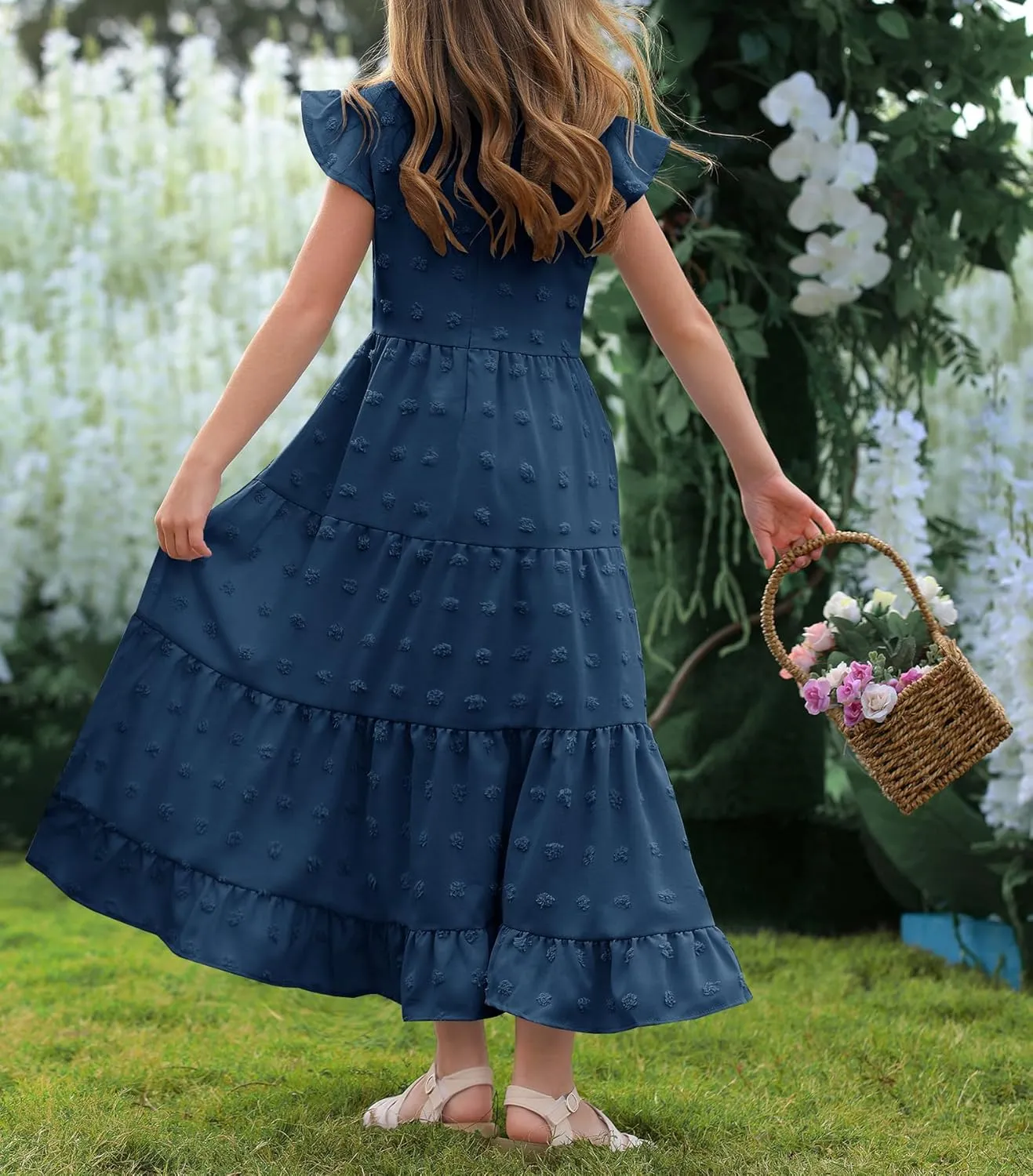HOSIKA Girls Maxi Dress Ruffle Sleeve Swiss Dot A Line Tiered Flowy Casual Party Dresses with Pockets for 6-12 Y