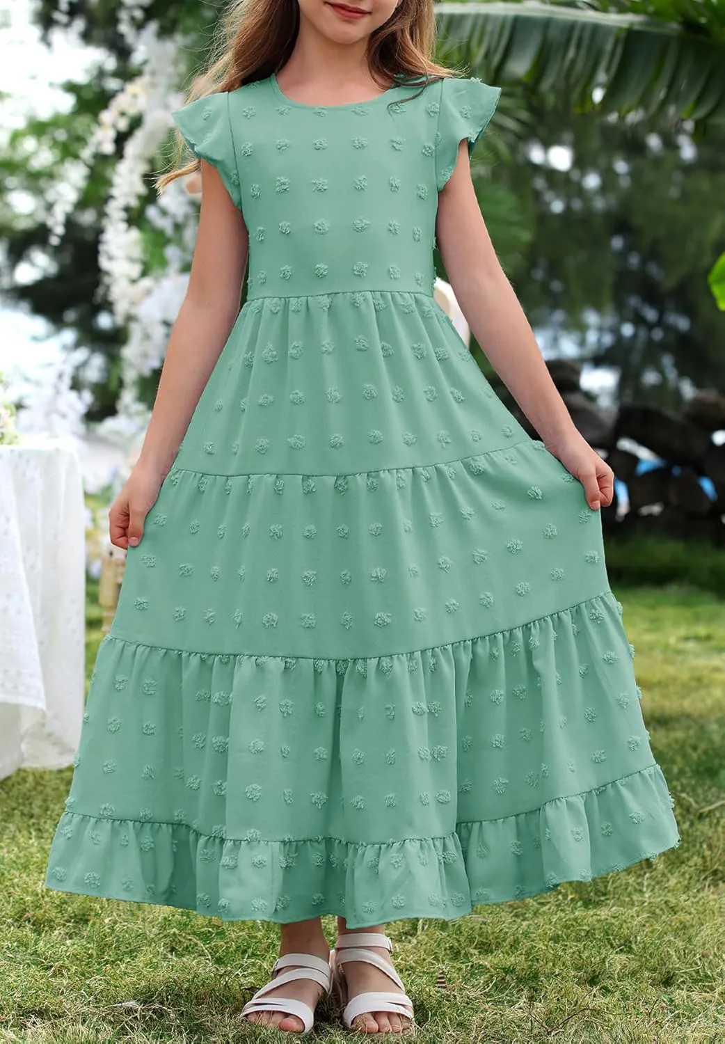 HOSIKA Girls Maxi Dress Ruffle Sleeve Swiss Dot A Line Tiered Flowy Casual Party Dresses with Pockets for 6-12 Y