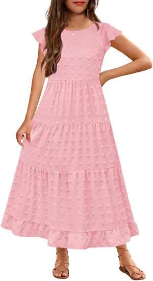 HOSIKA Girls Maxi Dress Ruffle Sleeve Swiss Dot A Line Tiered Flowy Casual Party Dresses with Pockets for 6-12 Y