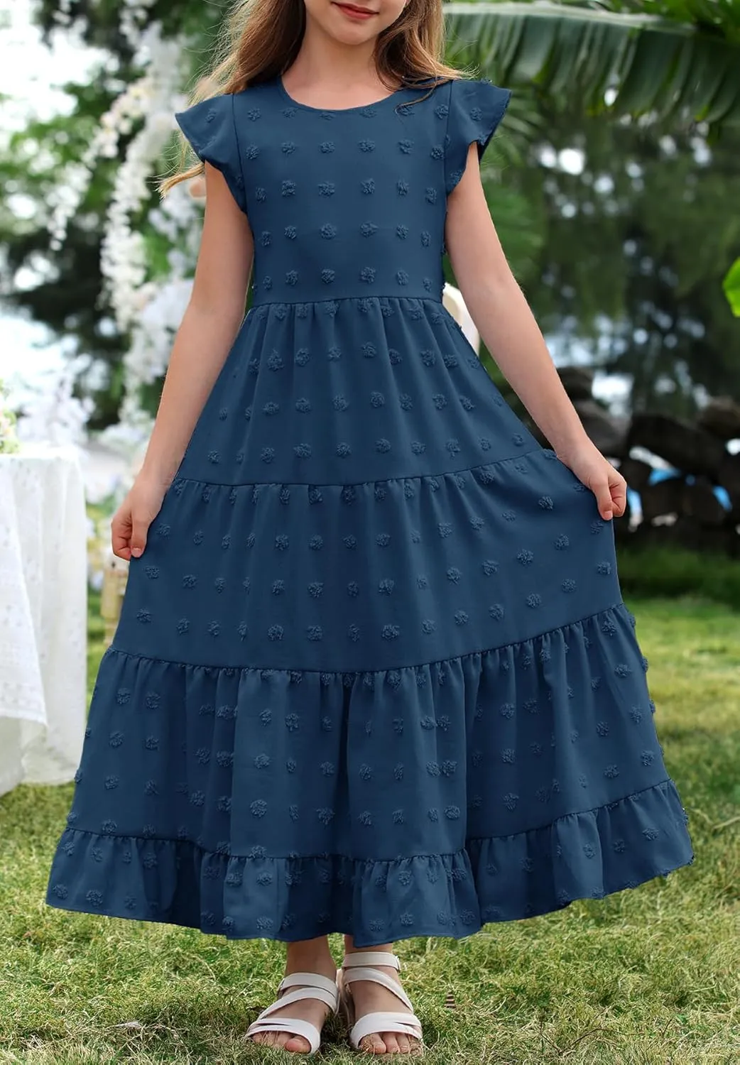 HOSIKA Girls Maxi Dress Ruffle Sleeve Swiss Dot A Line Tiered Flowy Casual Party Dresses with Pockets for 6-12 Y