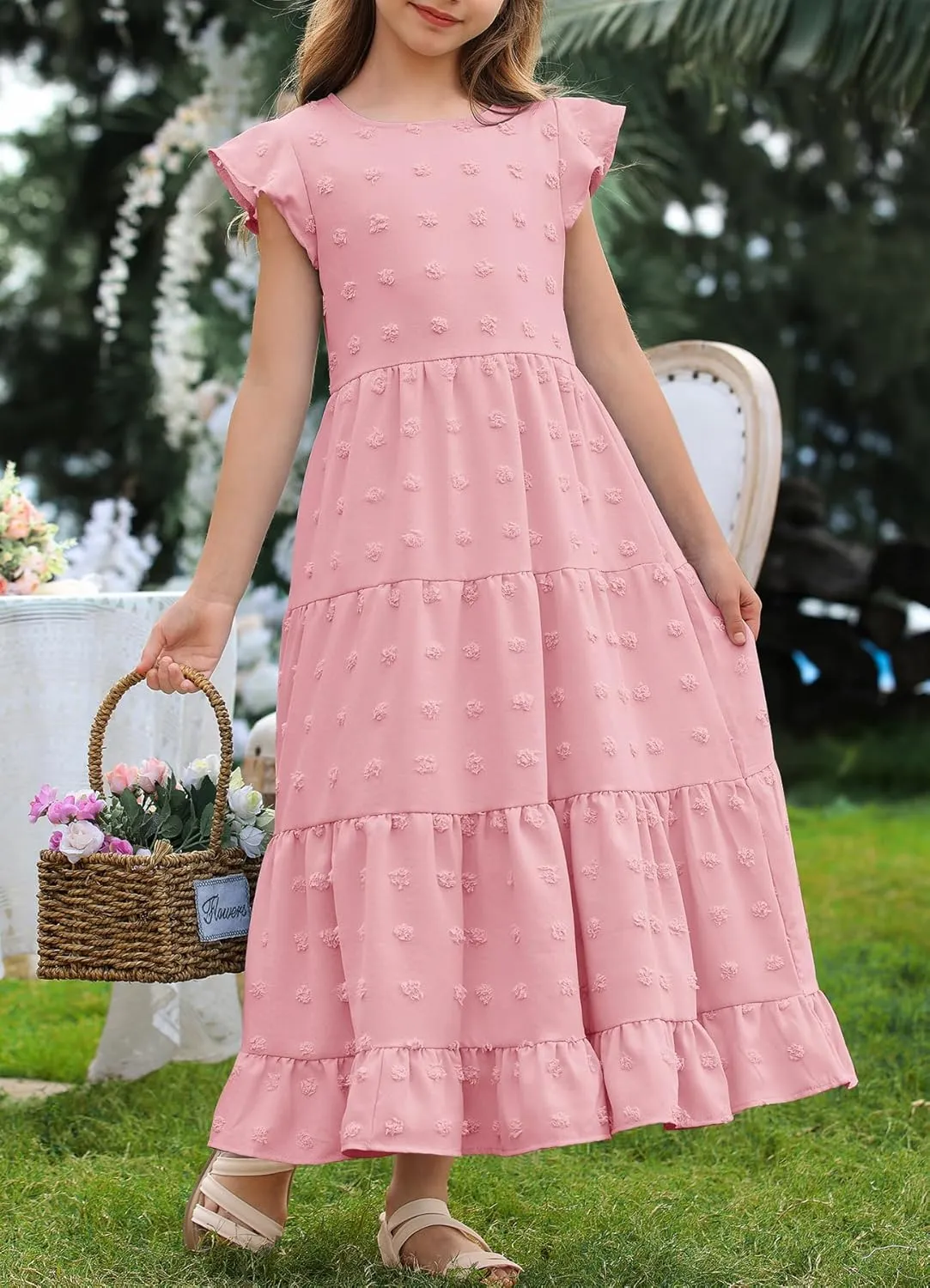 HOSIKA Girls Maxi Dress Ruffle Sleeve Swiss Dot A Line Tiered Flowy Casual Party Dresses with Pockets for 6-12 Y