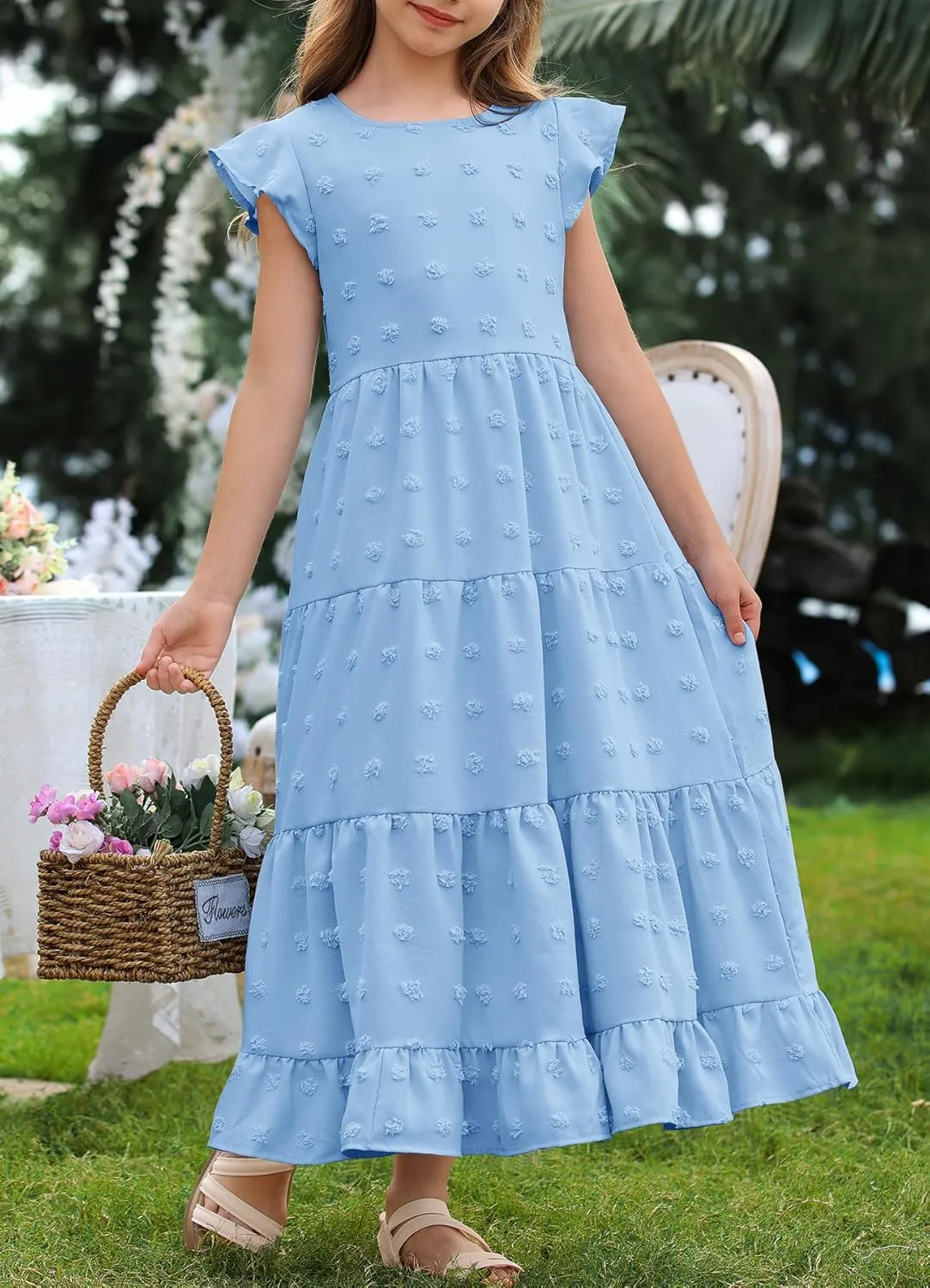 HOSIKA Girls Maxi Dress Ruffle Sleeve Swiss Dot A Line Tiered Flowy Casual Party Dresses with Pockets for 6-12 Y