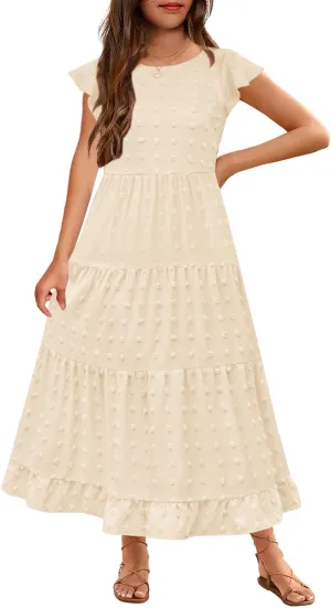 HOSIKA Girls Maxi Dress Ruffle Sleeve Swiss Dot A Line Tiered Flowy Casual Party Dresses with Pockets for 6-12 Y