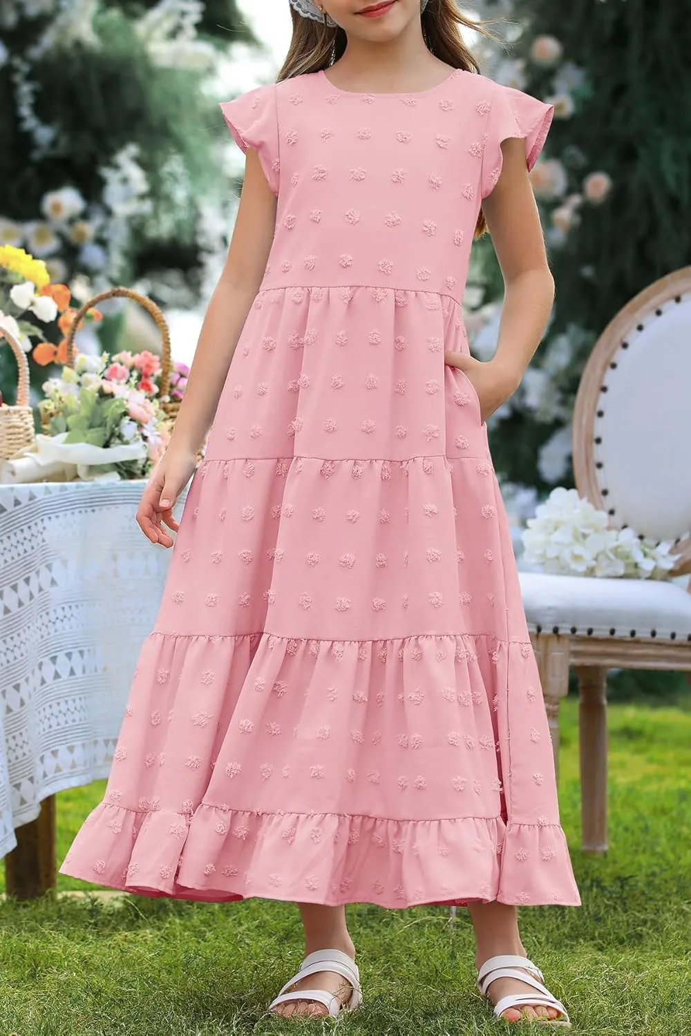 HOSIKA Girls Maxi Dress Ruffle Sleeve Swiss Dot A Line Tiered Flowy Casual Party Dresses with Pockets for 6-12 Y