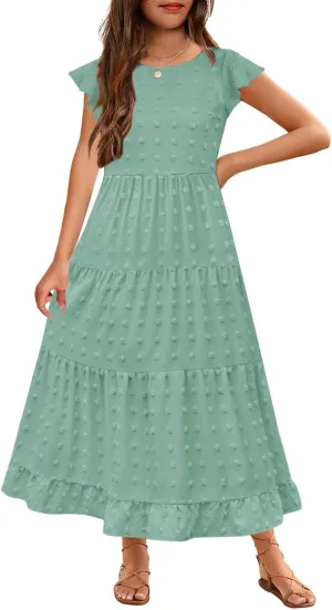 HOSIKA Girls Maxi Dress Ruffle Sleeve Swiss Dot A Line Tiered Flowy Casual Party Dresses with Pockets for 6-12 Y