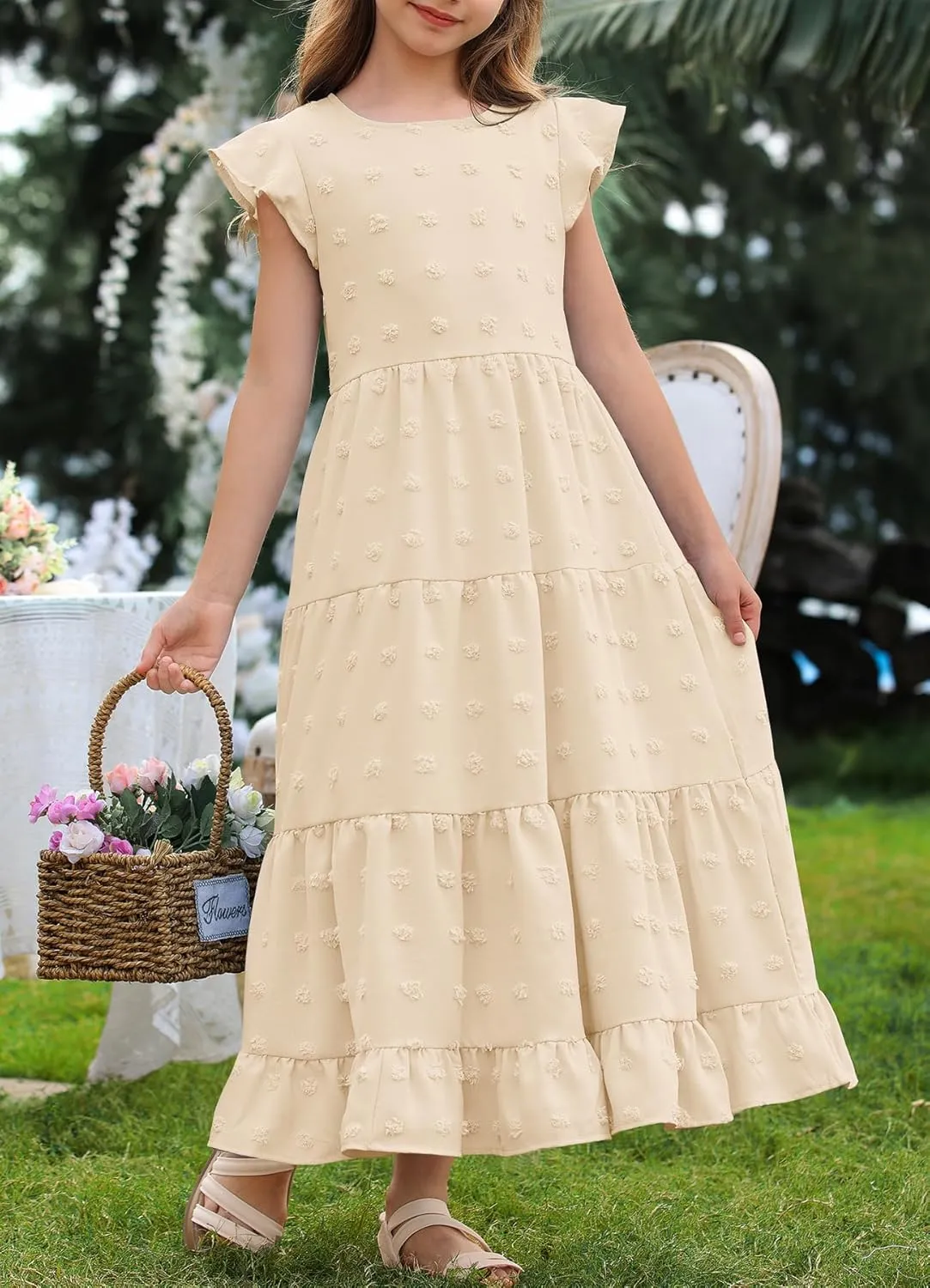 HOSIKA Girls Maxi Dress Ruffle Sleeve Swiss Dot A Line Tiered Flowy Casual Party Dresses with Pockets for 6-12 Y