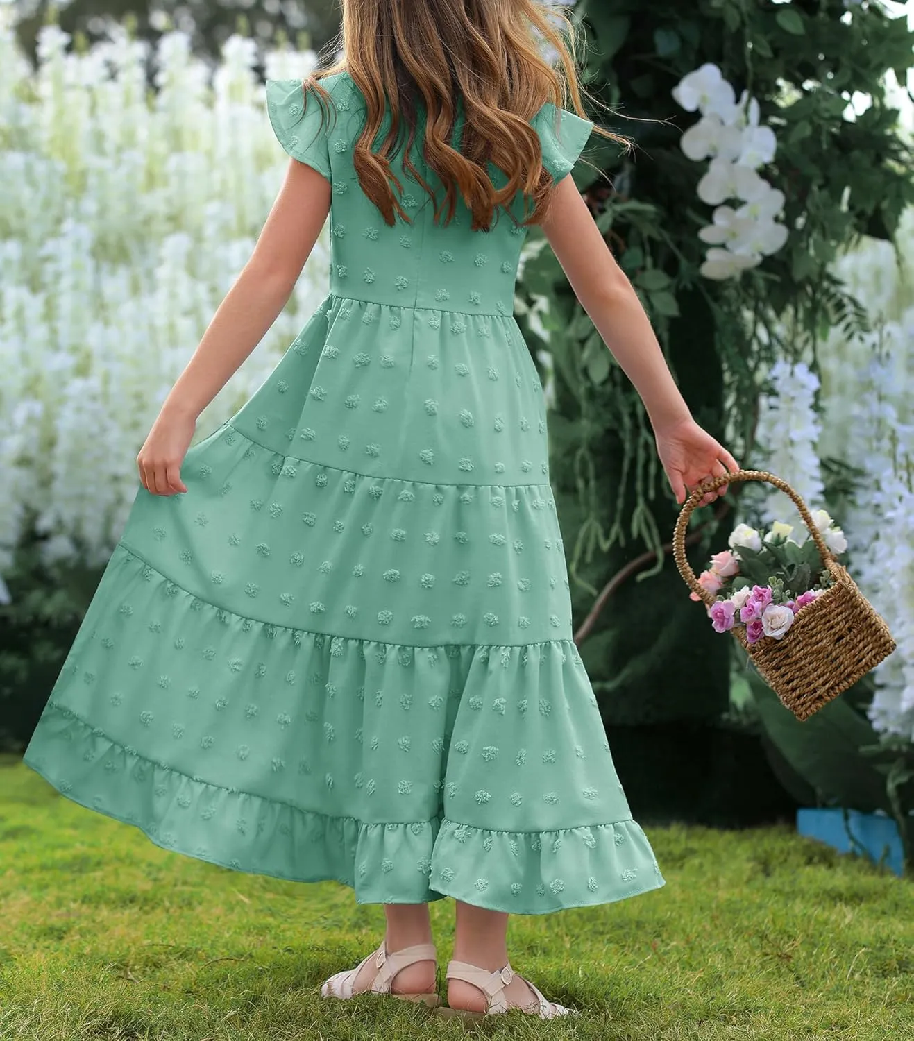 HOSIKA Girls Maxi Dress Ruffle Sleeve Swiss Dot A Line Tiered Flowy Casual Party Dresses with Pockets for 6-12 Y