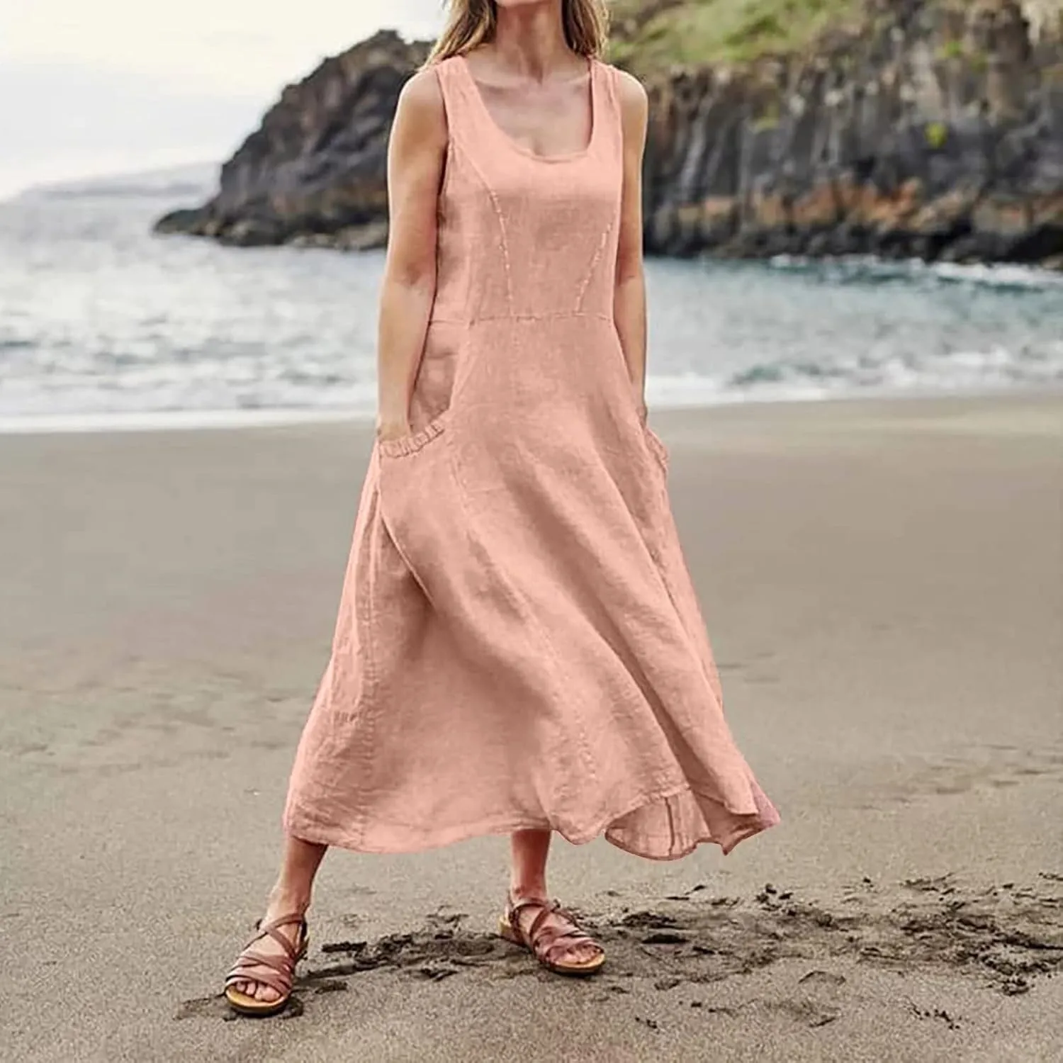 HXHYQKP Dress for Women 2024 Summer Tank Dress Sleeveless Loose Scoop Neck Long Flowy Beach Swing Sundress with Pocket