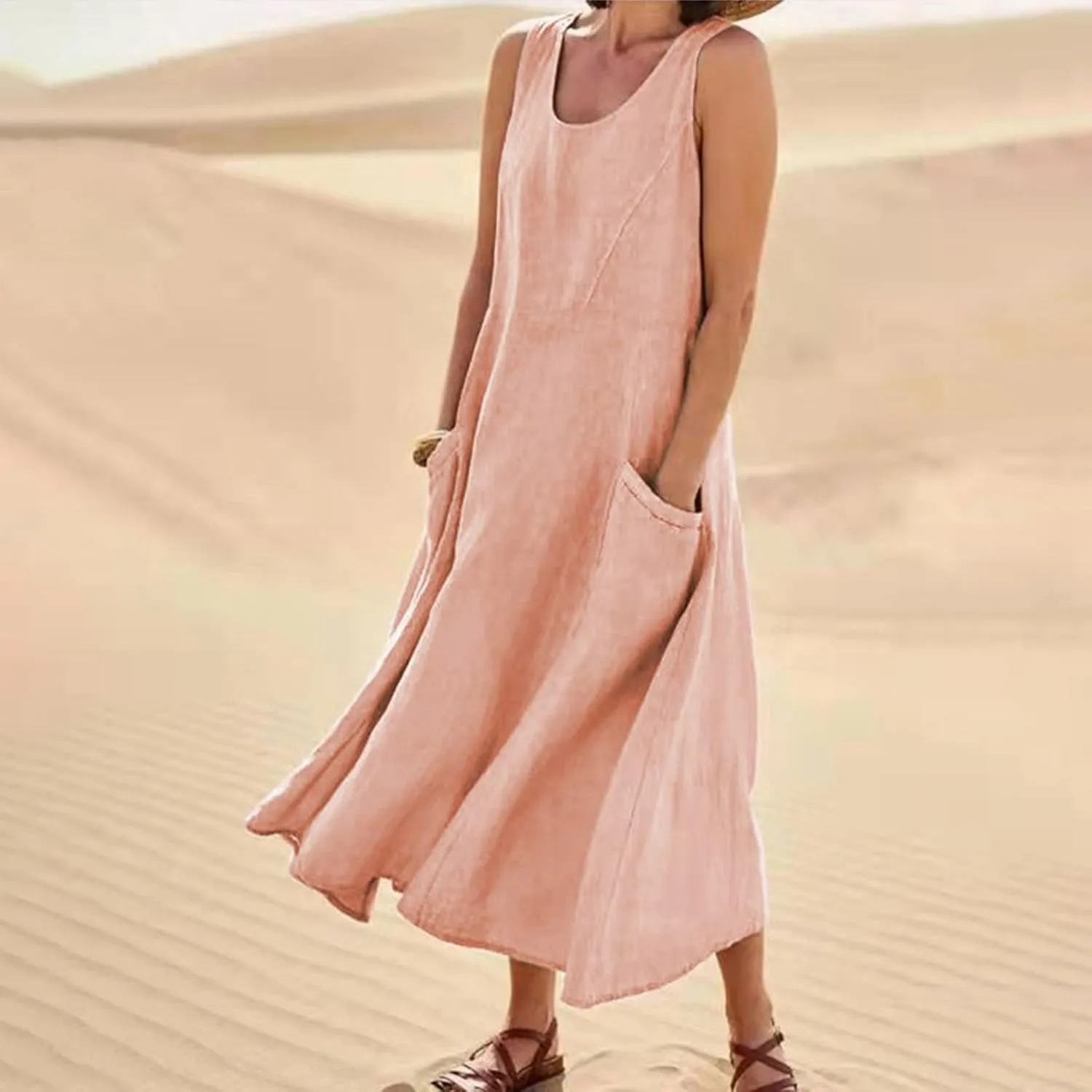 HXHYQKP Dress for Women 2024 Summer Tank Dress Sleeveless Loose Scoop Neck Long Flowy Beach Swing Sundress with Pocket