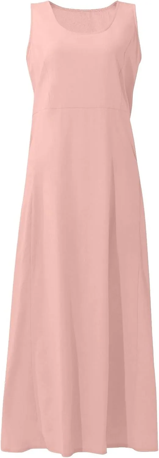 HXHYQKP Dress for Women 2024 Summer Tank Dress Sleeveless Loose Scoop Neck Long Flowy Beach Swing Sundress with Pocket