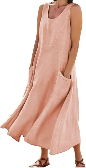 HXHYQKP Dress for Women 2024 Summer Tank Dress Sleeveless Loose Scoop Neck Long Flowy Beach Swing Sundress with Pocket