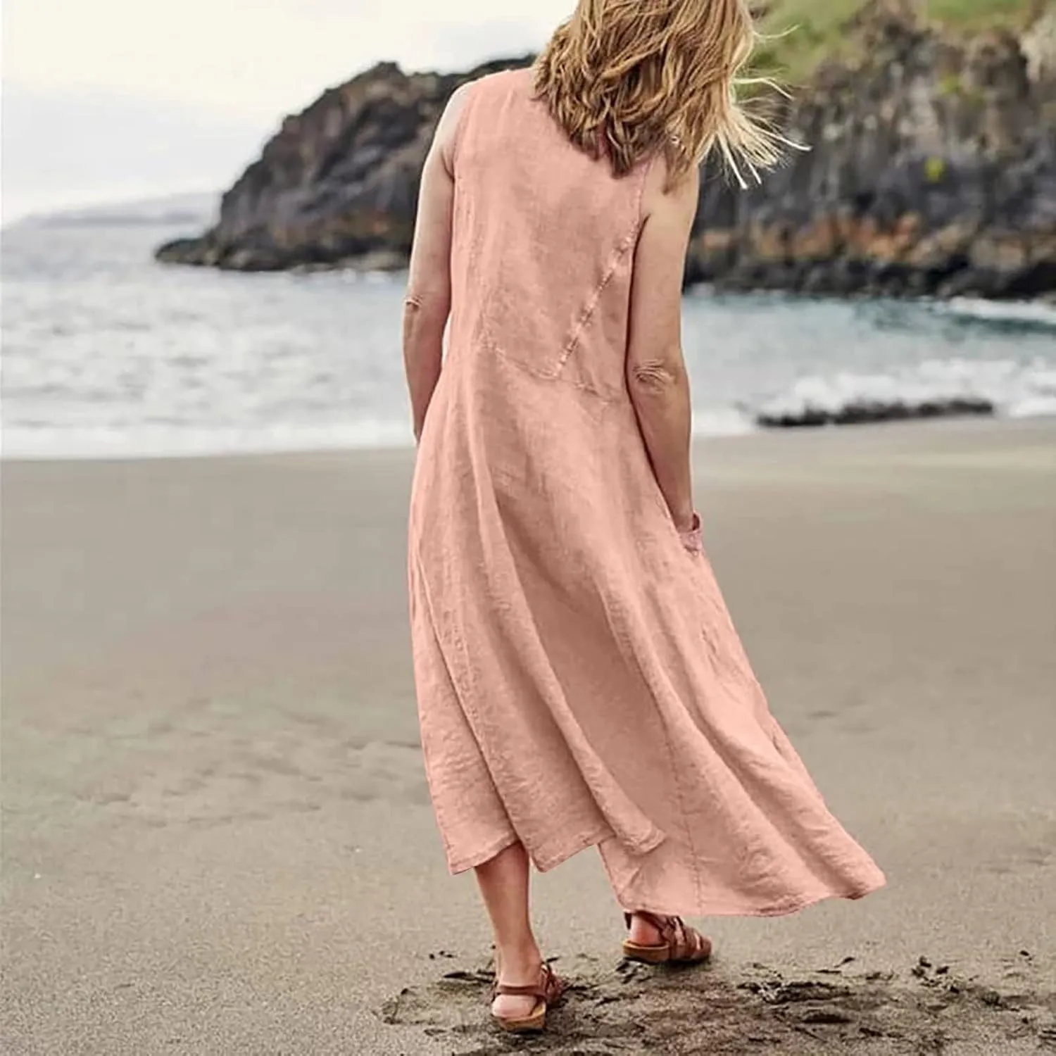 HXHYQKP Dress for Women 2024 Summer Tank Dress Sleeveless Loose Scoop Neck Long Flowy Beach Swing Sundress with Pocket