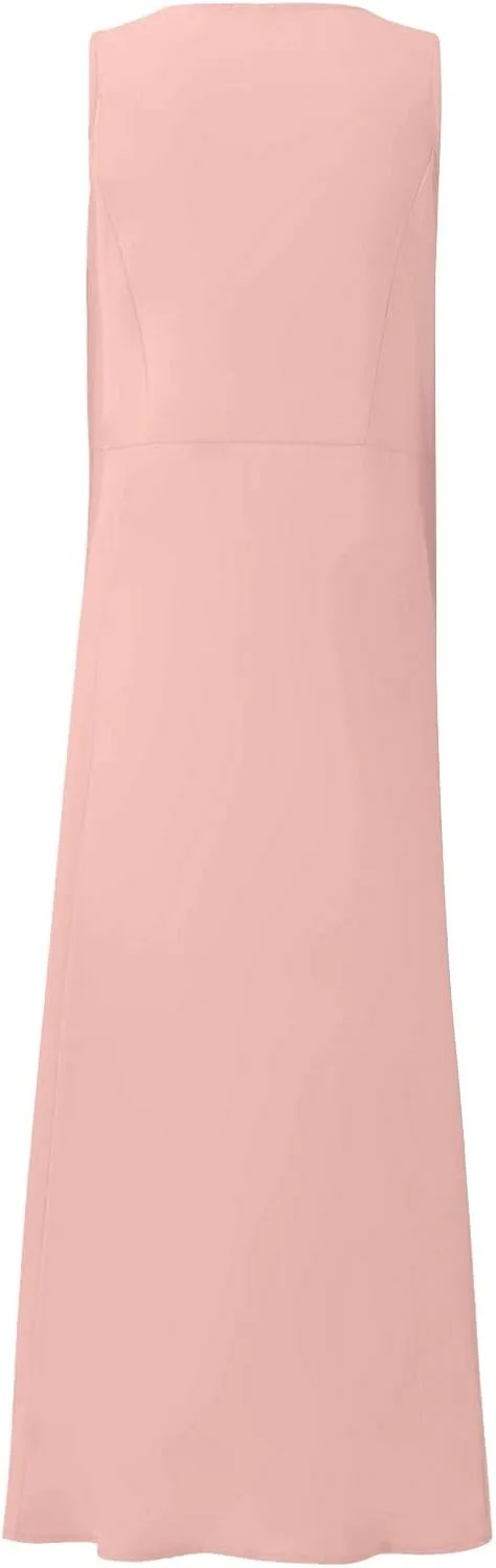 HXHYQKP Dress for Women 2024 Summer Tank Dress Sleeveless Loose Scoop Neck Long Flowy Beach Swing Sundress with Pocket