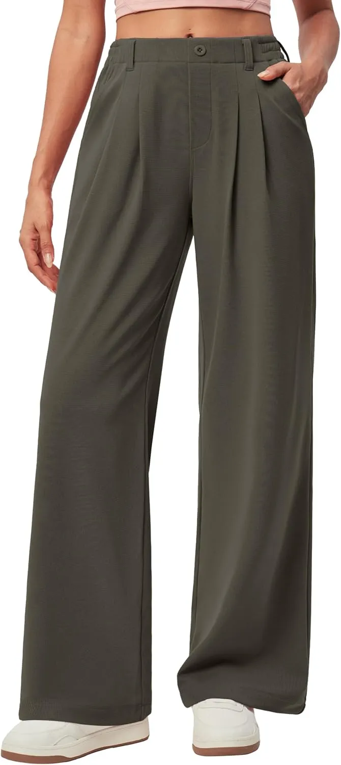 IUGA Wide Leg Pants Woman Pull on Stretchy Work Dress Pants High Waisted Business Casual Trousers Slacks 26''/28'' Dark Olive