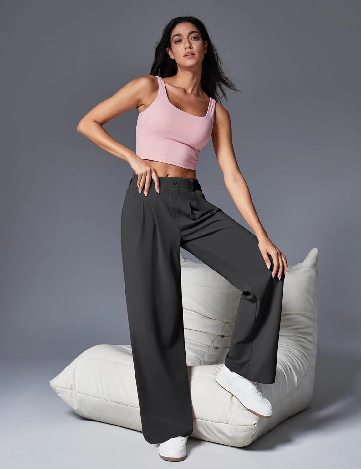 IUGA Wide Leg Pants Woman Pull on Stretchy Work Dress Pants High Waisted Business Casual Trousers Slacks 26''/28''