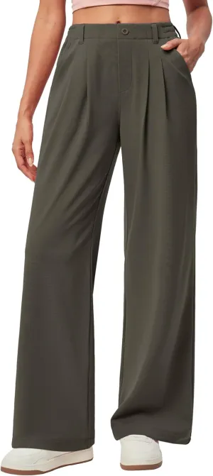 IUGA Wide Leg Pants Woman Pull on Stretchy Work Dress Pants High Waisted Business Casual Trousers Slacks 26''/28''