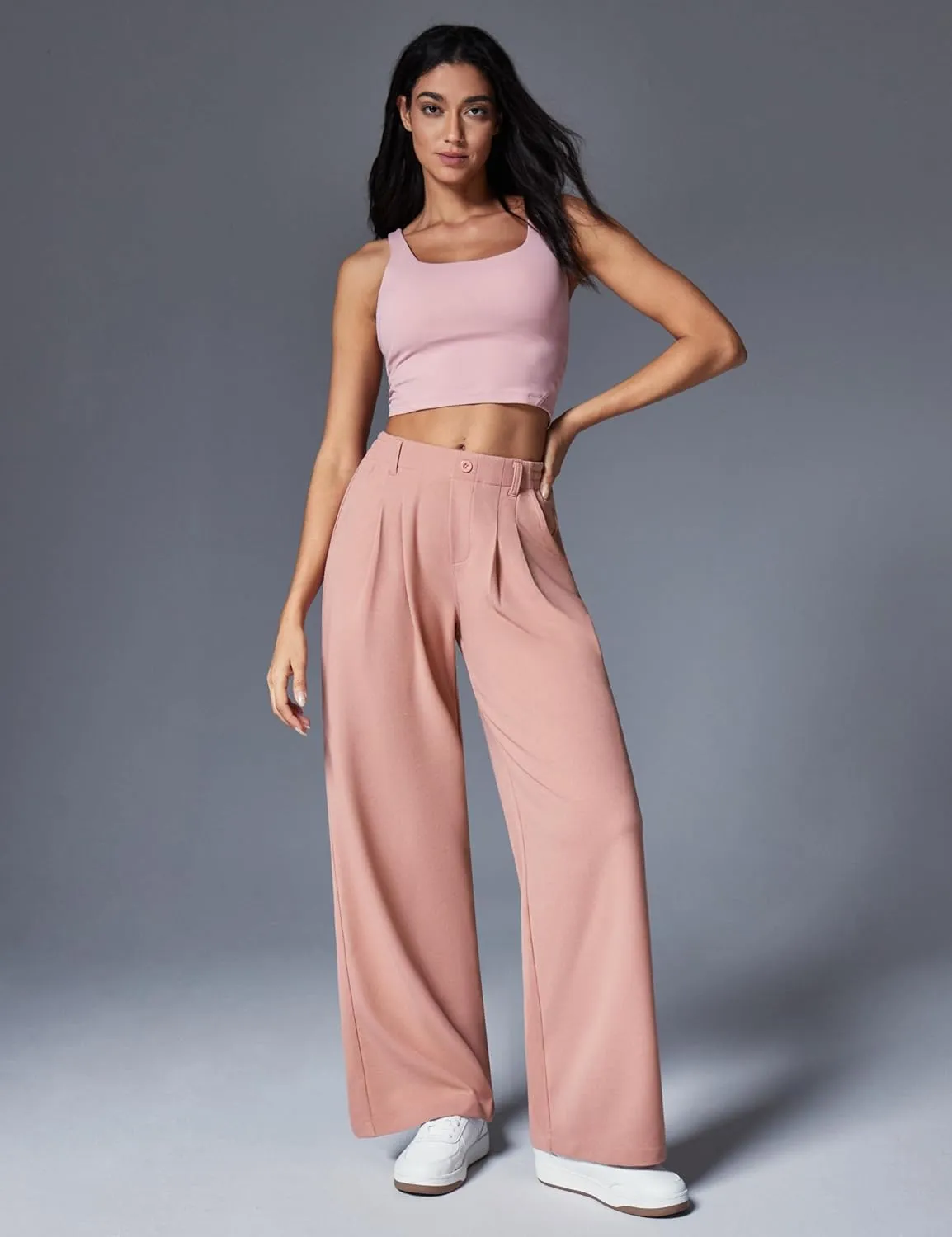 IUGA Wide Leg Pants Woman Pull on Stretchy Work Dress Pants High Waisted Business Casual Trousers Slacks 26''/28''