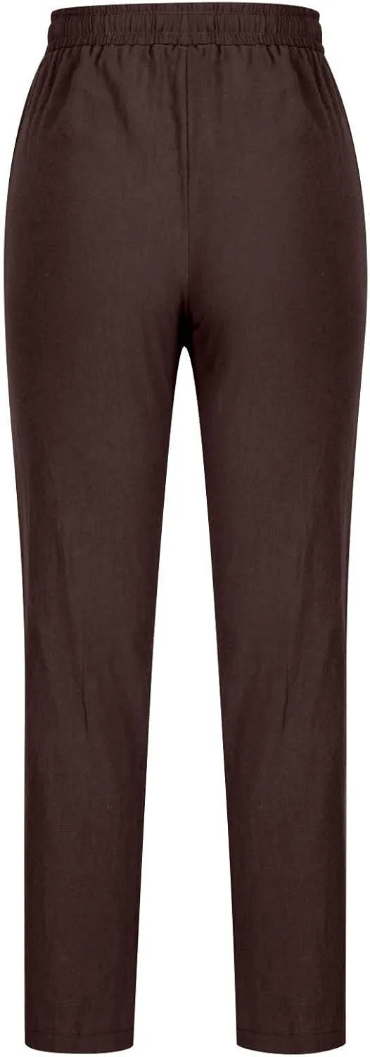JOAU Women's Casual Elastic Waist Pants Drawstring Lightweight Office Work Pants Travel Cotton Linen Trouser with Pockets