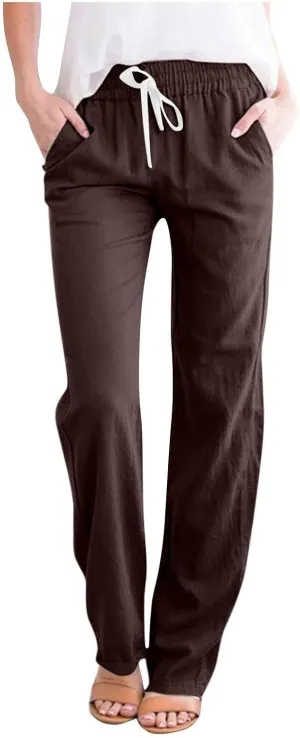 JOAU Women's Casual Elastic Waist Pants Drawstring Lightweight Office Work Pants Travel Cotton Linen Trouser with Pockets