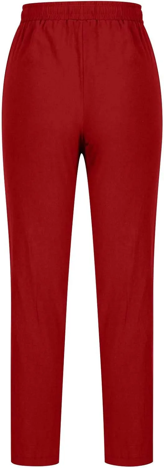 JOAU Women's Casual Elastic Waist Pants Drawstring Lightweight Office Work Pants Travel Cotton Linen Trouser with Pockets