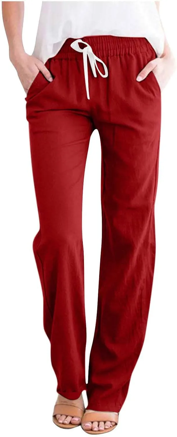 JOAU Women's Casual Elastic Waist Pants Drawstring Lightweight Office Work Pants Travel Cotton Linen Trouser with Pockets
