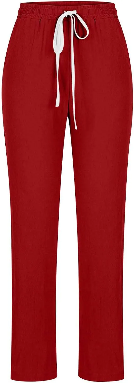 JOAU Women's Casual Elastic Waist Pants Drawstring Lightweight Office Work Pants Travel Cotton Linen Trouser with Pockets