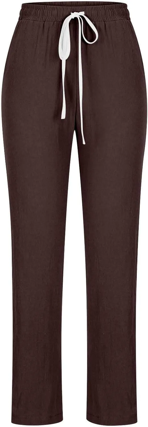 JOAU Women's Casual Elastic Waist Pants Drawstring Lightweight Office Work Pants Travel Cotton Linen Trouser with Pockets