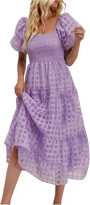 JOAU Women's Summer Off Shoulder Smocked Beach Dress Square Neck Puff Short Sleeve Swing Tiered Layered Ruffle Midi Dresses