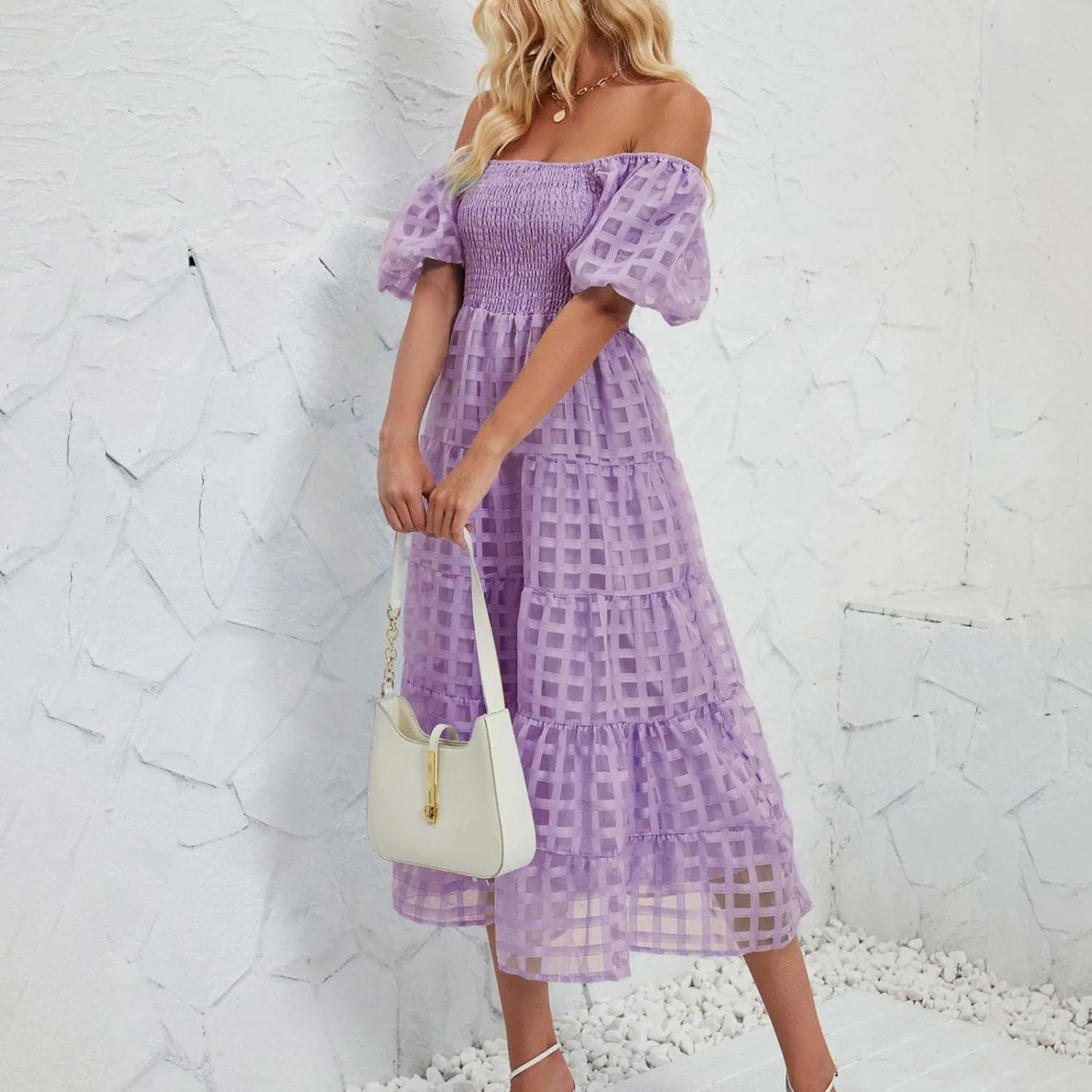 JOAU Women's Summer Off Shoulder Smocked Beach Dress Square Neck Puff Short Sleeve Swing Tiered Layered Ruffle Midi Dresses
