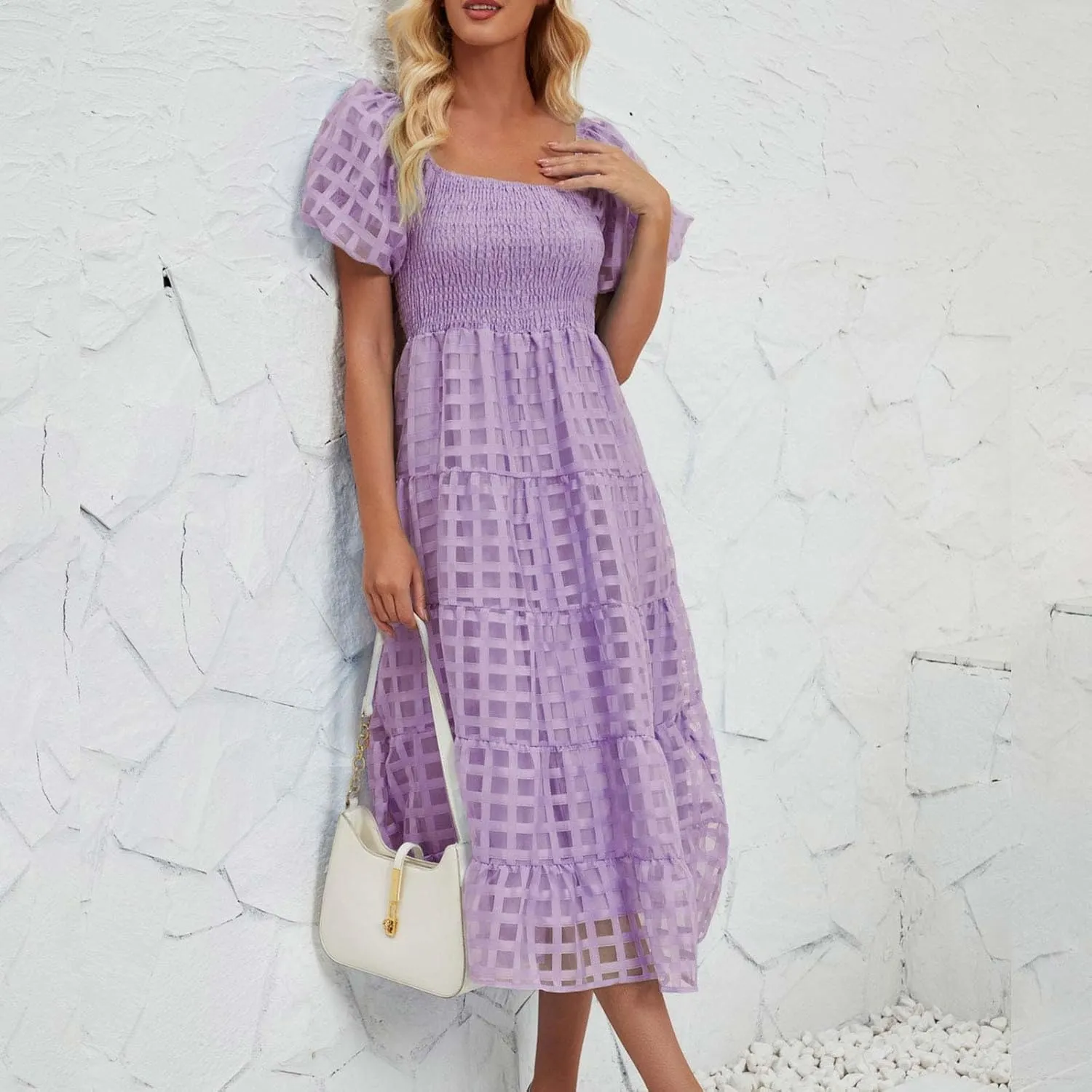 JOAU Women's Summer Off Shoulder Smocked Beach Dress Square Neck Puff Short Sleeve Swing Tiered Layered Ruffle Midi Dresses