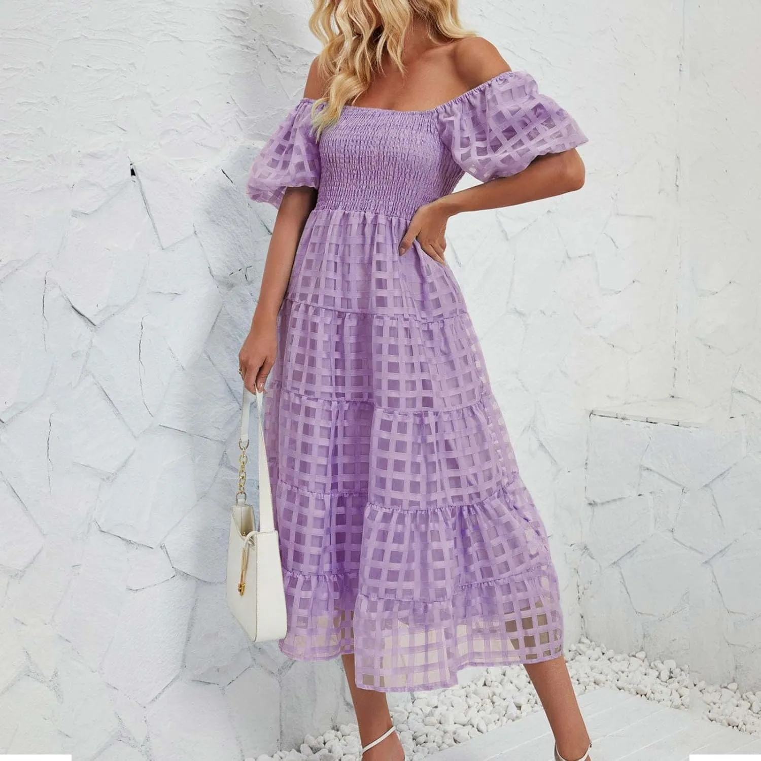 JOAU Women's Summer Off Shoulder Smocked Beach Dress Square Neck Puff Short Sleeve Swing Tiered Layered Ruffle Midi Dresses