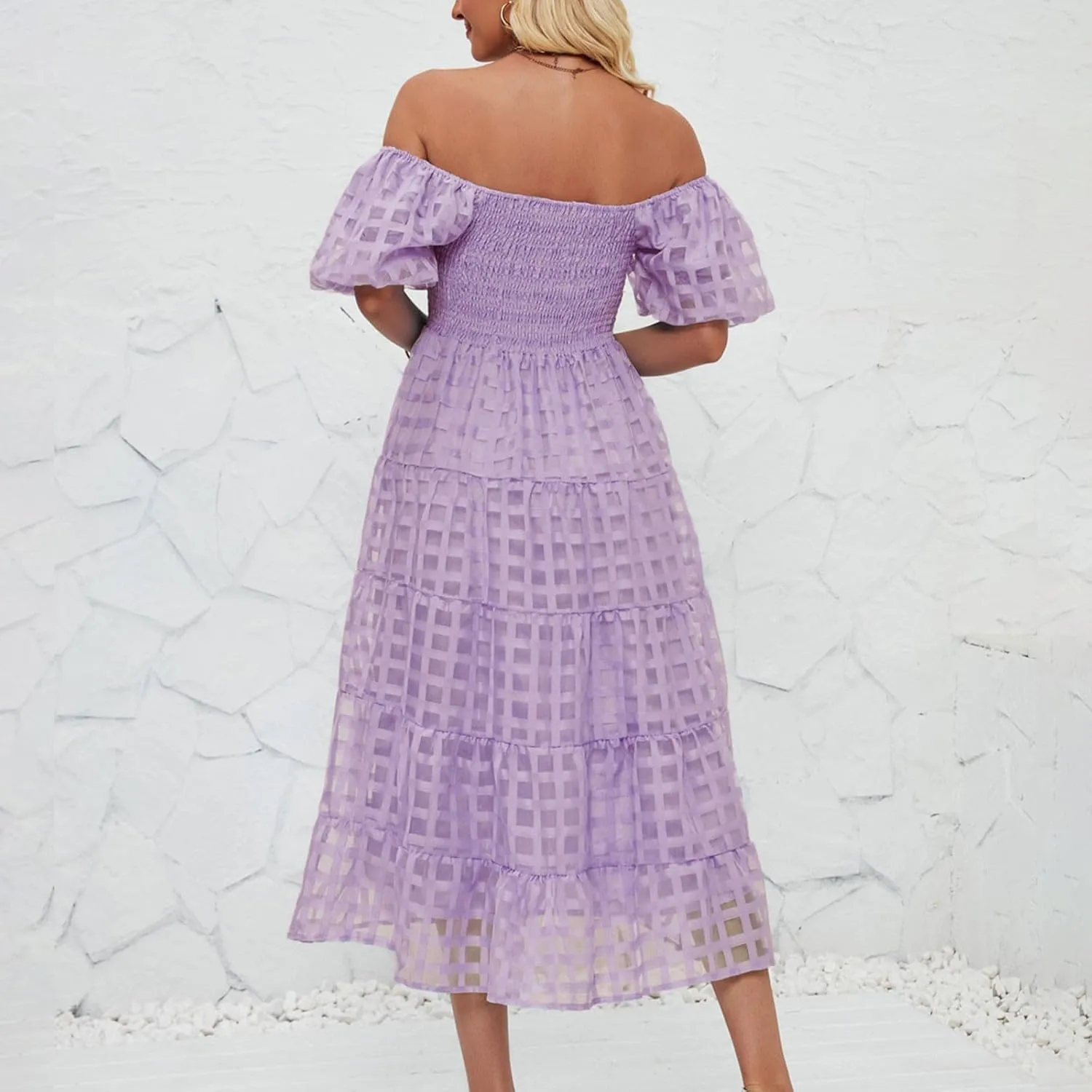 JOAU Women's Summer Off Shoulder Smocked Beach Dress Square Neck Puff Short Sleeve Swing Tiered Layered Ruffle Midi Dresses