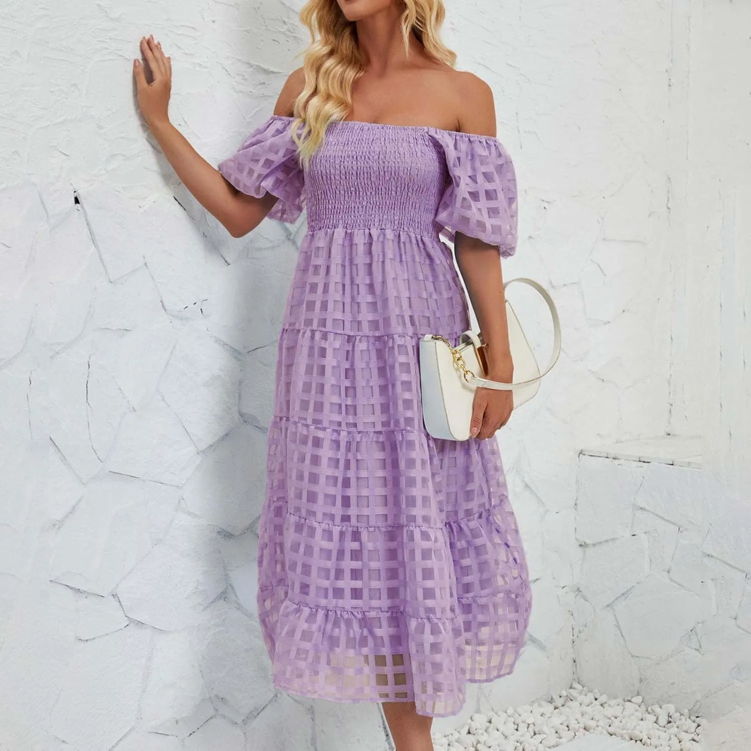 JOAU Women's Summer Off Shoulder Smocked Beach Dress Square Neck Puff Short Sleeve Swing Tiered Layered Ruffle Midi Dresses