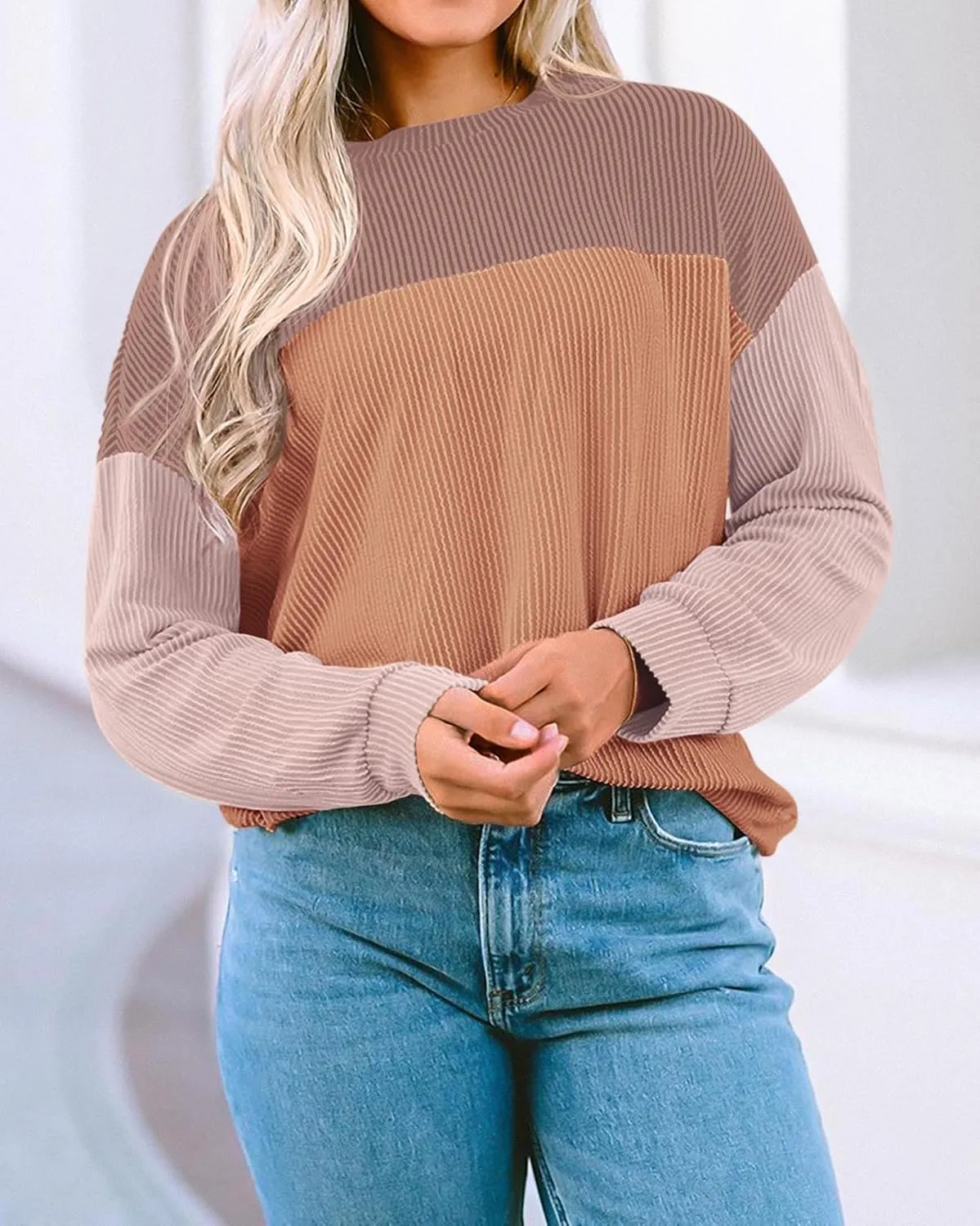 KIRUNDO Womens Spring Fashion 2025 Ribbed Long Sleeve Knit Tops Color Block Casual Loose Crewneck Pullover Shirts Clothing