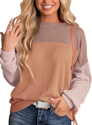 KIRUNDO Womens Spring Fashion 2025 Ribbed Long Sleeve Knit Tops Color Block Casual Loose Crewneck Pullover Shirts Clothing